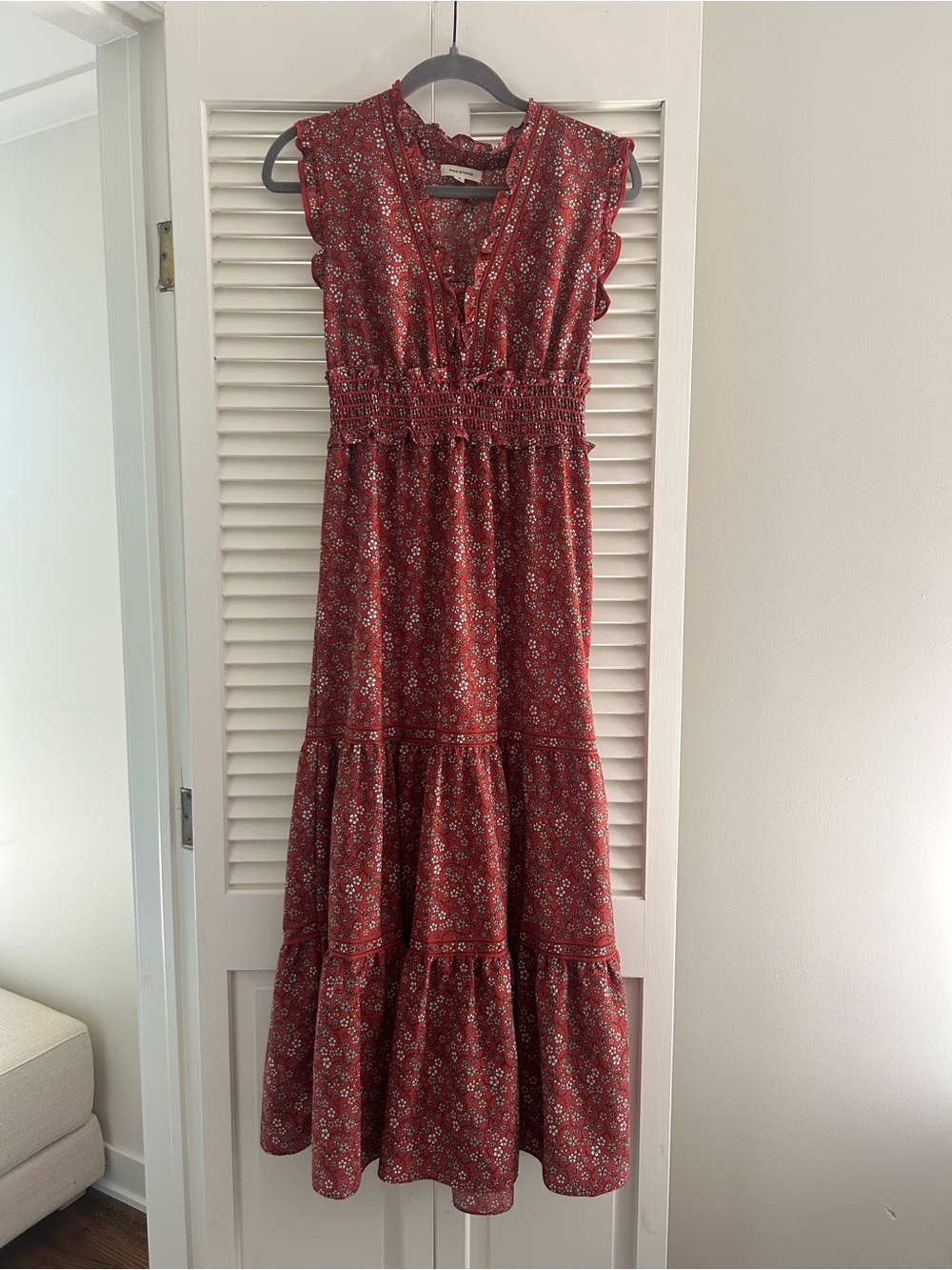 Max Studio Red Floral Tiered Maxi Dress Women’s Small Smocked Waist Boho Prairie